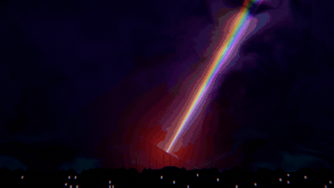 Laser beams cutting through fog-machine smoke, changing formation every four bars